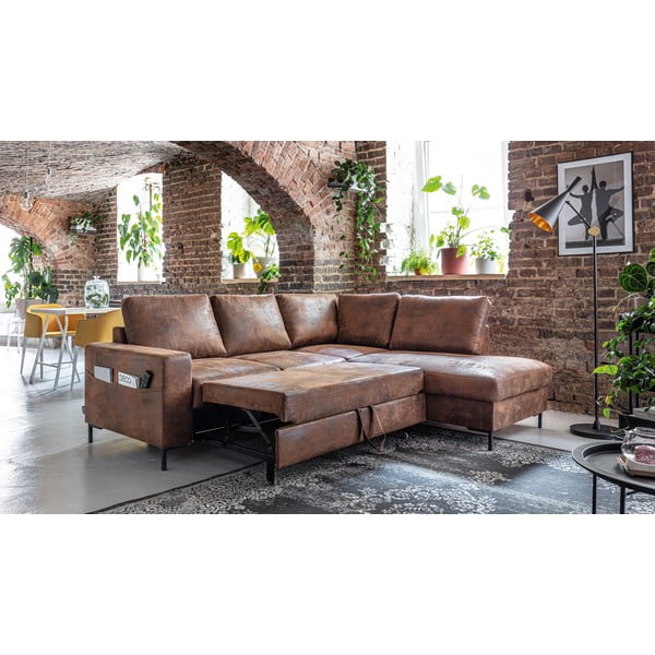 Colțar maro extensibil cu tapițerie din imitație de piele (cu colț pe partea dreaptă) Lofty Lilly – Miuform-image-4