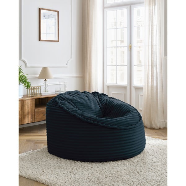 Fotoliu bean bag albastru închis cu tapițerie din catifea reiată Socrate – Bobochic Paris-image-1