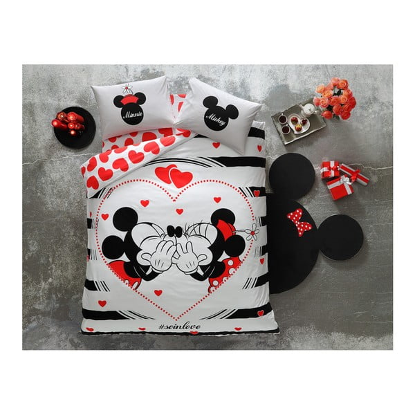 Lenjerie de pat cu cearșaf din bumbac, pentru pat dublu Tac Mickey & Minnie Amour, 200 x 220 cm