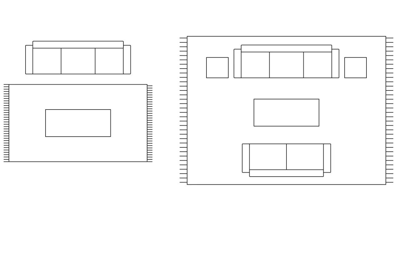 Într-un living mare alege un covor care sa depășească suprafața ocupată de mobilier!