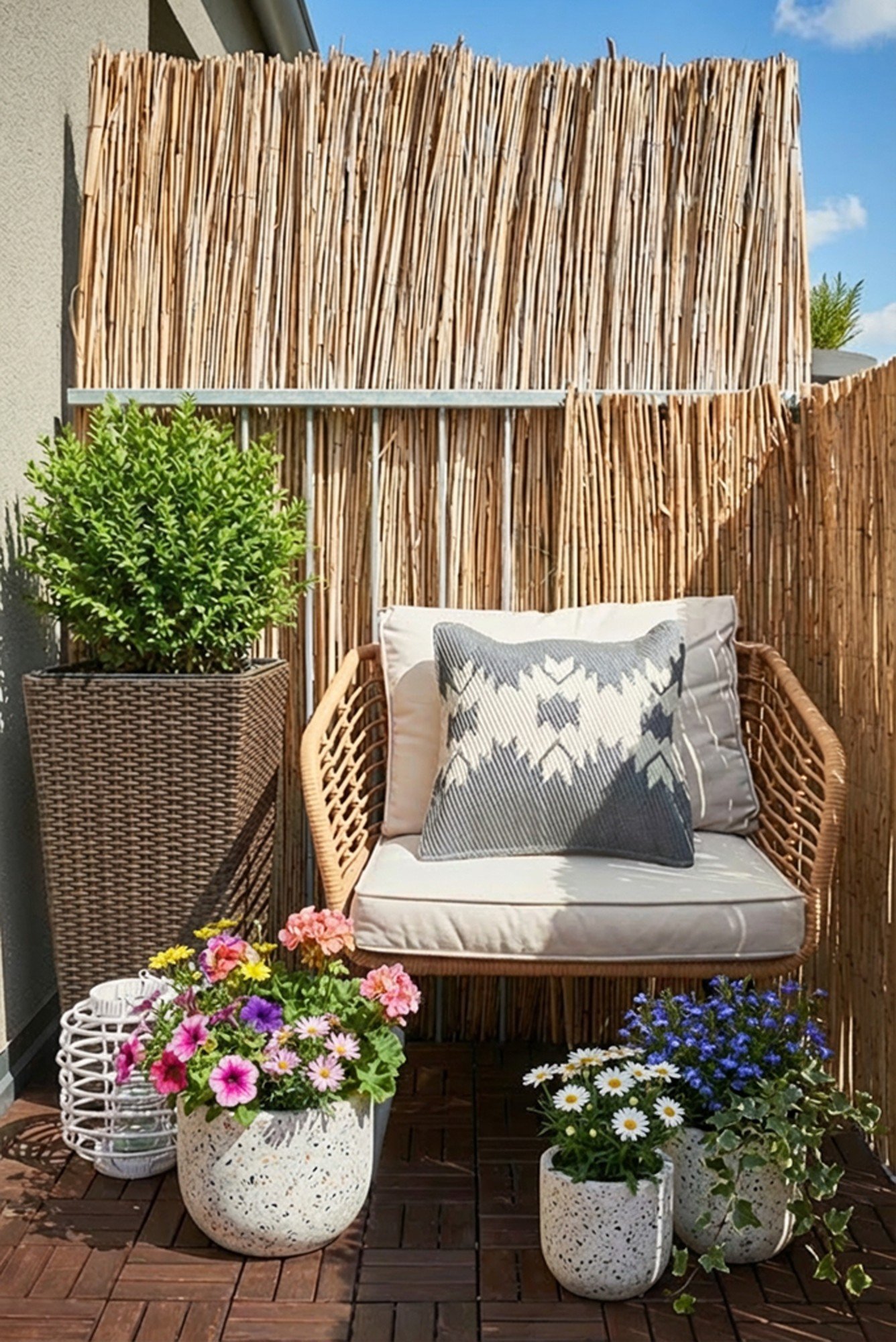  Un paravan natural din bambus sau stuf îți asigură un spațiu confortabil și intim.