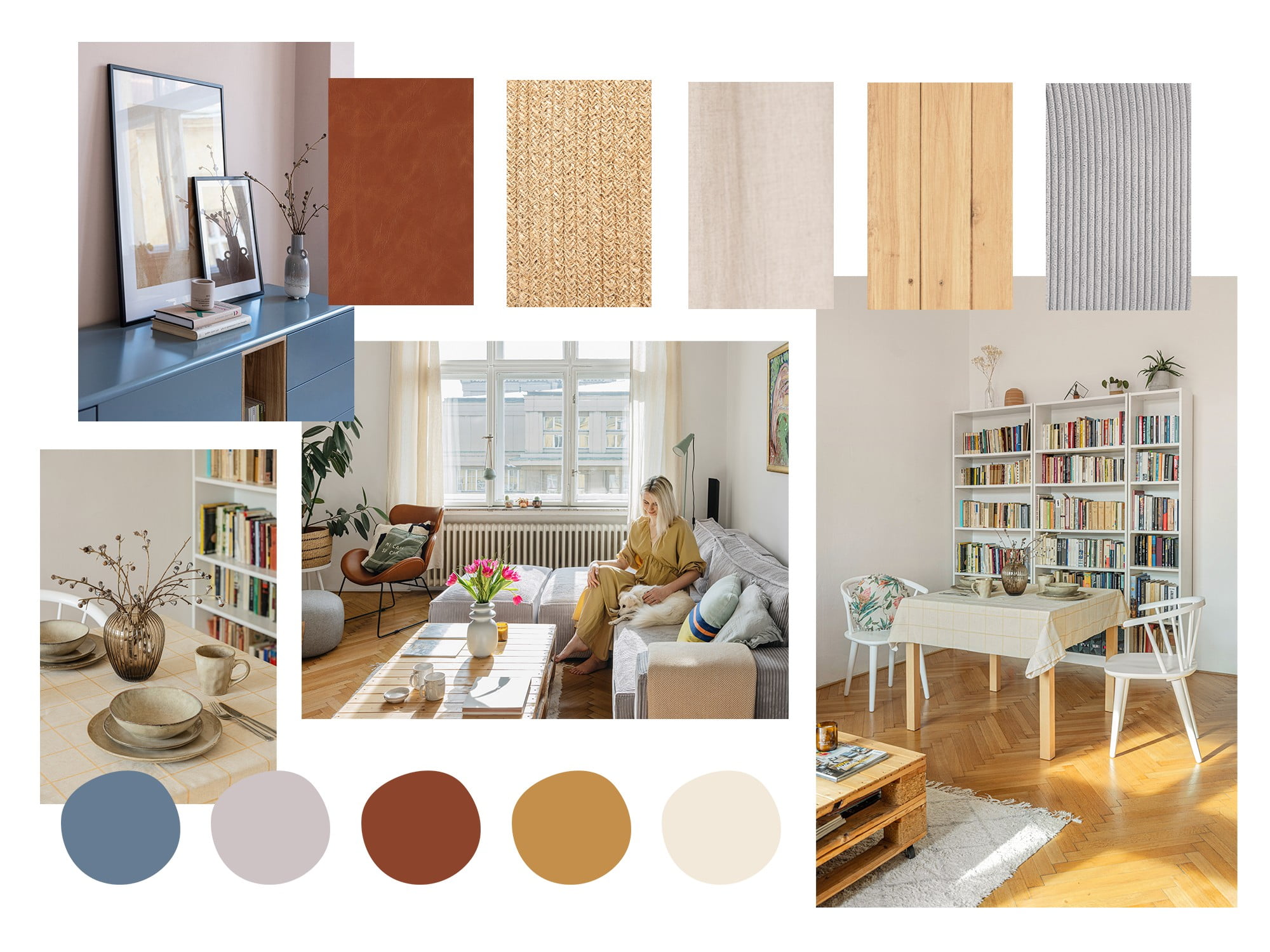 Combinație de culori și materiale în interiorul apartamentului lui Klara.