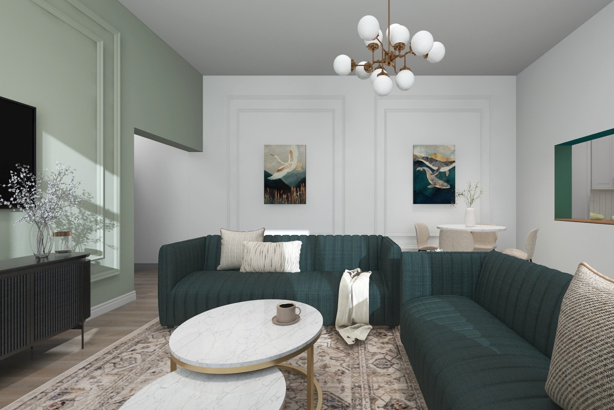 Vizualizare proiect de design: Canapeaua distinctivă a fost alesă ca elementul central al livingului. Culorile și dispunerea mobilierului asigură un sentiment de deschidere și confort.