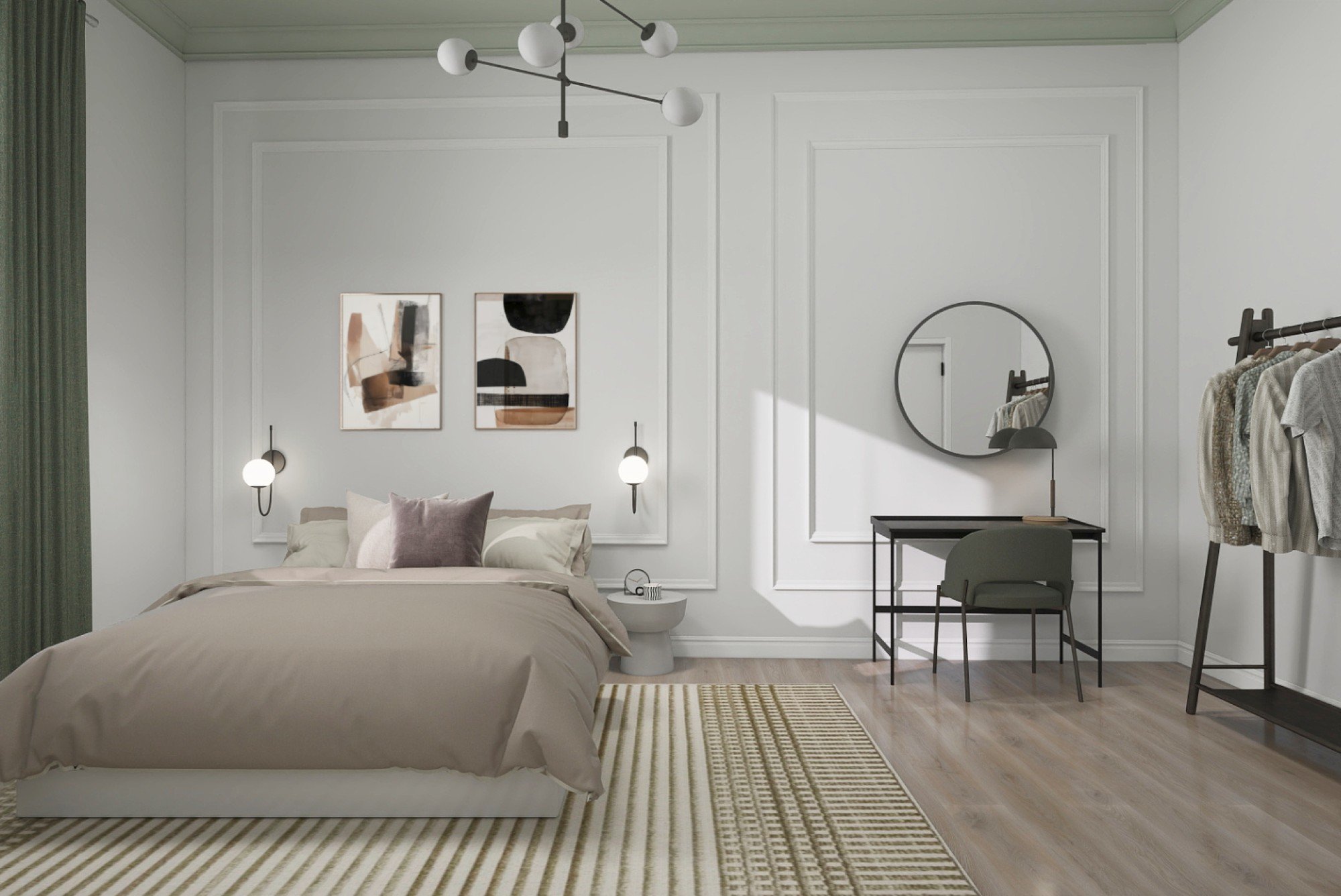 Vizualizare proiect de design: Paleta de culori discrete și stilul pieselor de mobilier a favorizat împărțirea spațiului între zona de dormit și zona de lucru în mod firesc, echilibrat și elegant