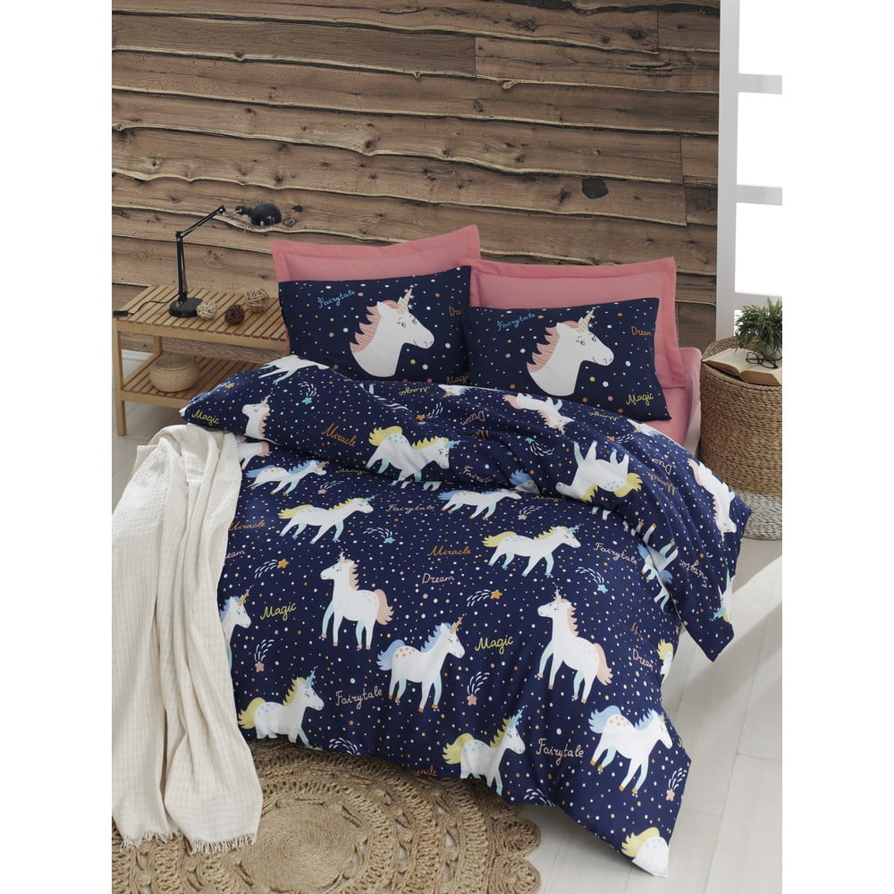 Lenjerie de pat cu cearșaf pentru pat dublu Eponj Home Magic Unicorn Dark Blue, 200 x 220 cm 200 imagine noua somnexpo.ro