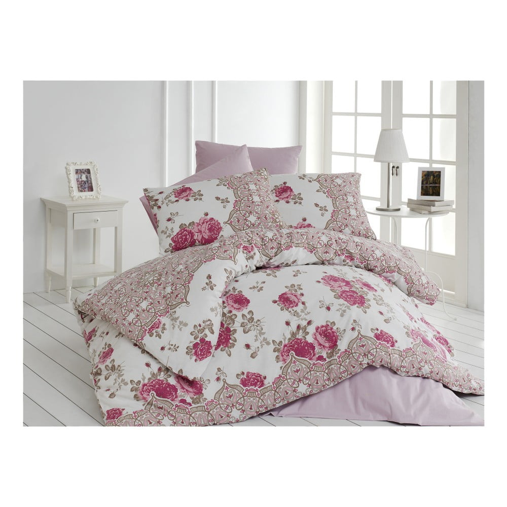 Lenjerie de pat din bumbac cu cearșaf Arnia, 200 x 220 cm, roz