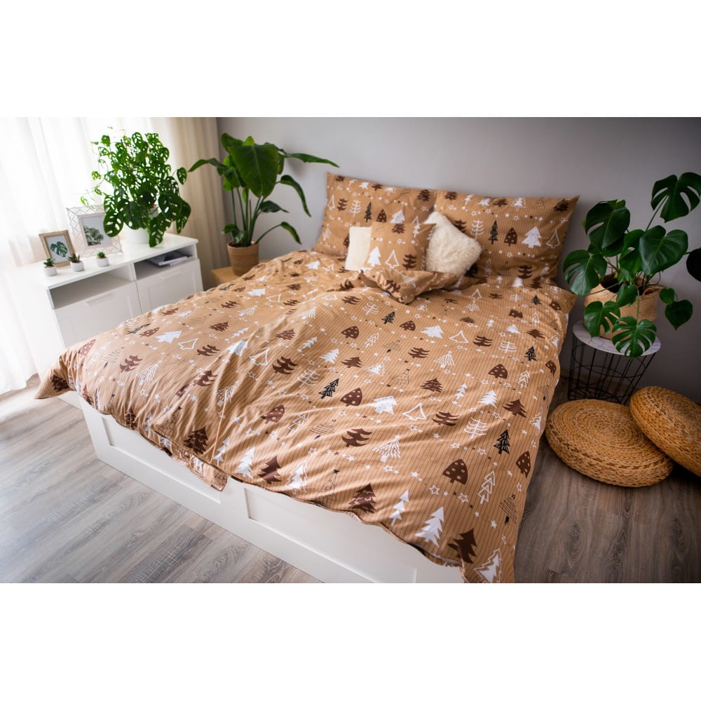 Lenjerie de pat din bumbac pentru pat de o persoană Cotton House Trees, 140 x 200 cm, maro bonami.ro