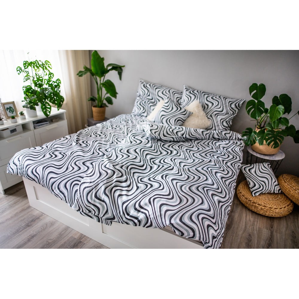 Lenjerie de pat din bumbac satinat Cotton House Waves, 140 x 200 cm, alb – negru 140 imagine noua somnexpo.ro