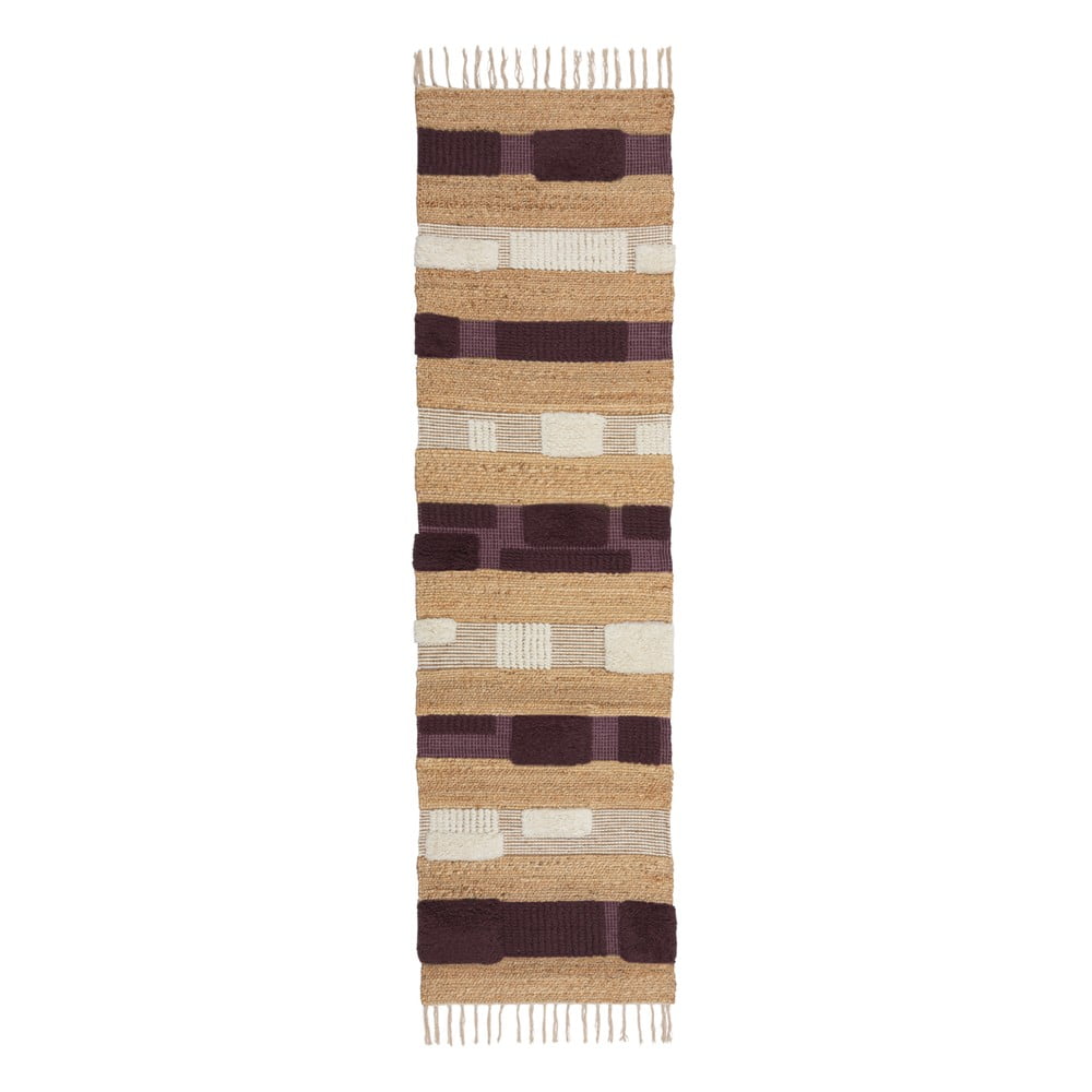 Covor tip traversă mov/în culoare naturală țesut manual din amestec de iută 60x230 cm Medina Blocks – Flair Rugs