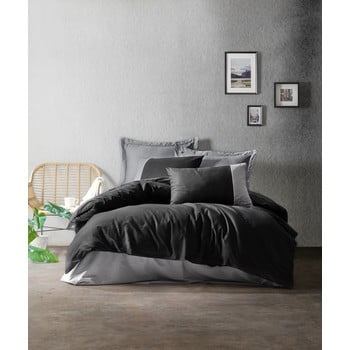 Lenjerie de pat din bumbac cu cearșaf cotton box plain, 200 x 220 cm, gri - negru