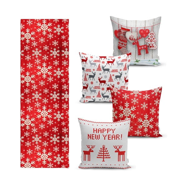 Set 4 fețe de pernă și un napron de masă cu model de Crăciun Minimalist Cushion Covers Happy Holiday