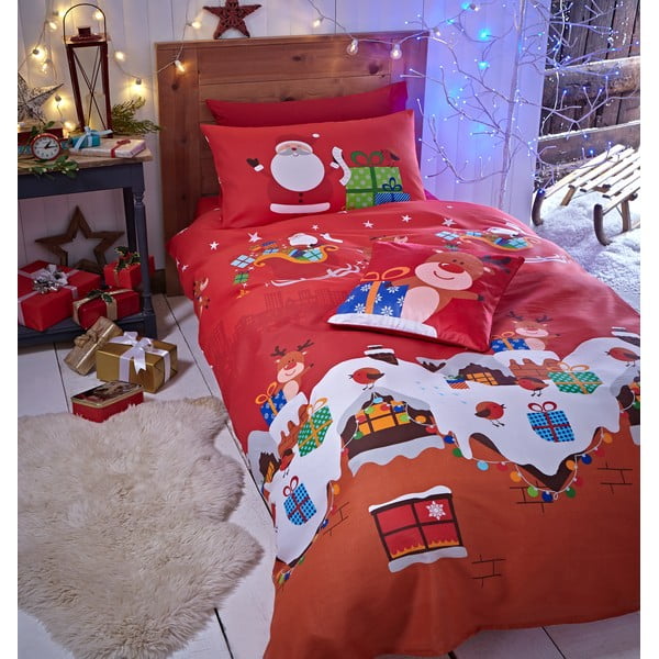 Lenjerie de pat cu model de Crăciun Catherine Lansfield Rudolf, 135 x 200 cm, roșu