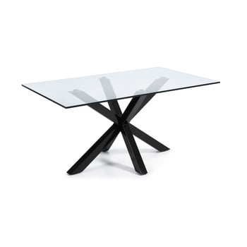 Masă de dining cu blat din sticlă și structură neagră la forma, 160 x 90 cm