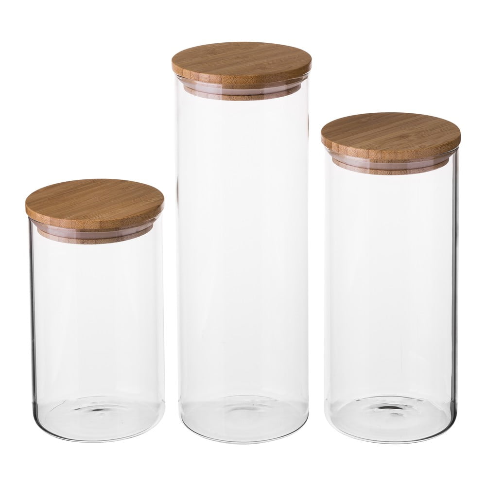 Set 3 recipiente din sticlă cu capac din bambus Unimasa