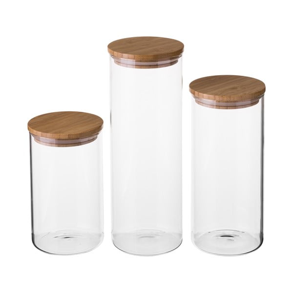Set 3 recipiente din sticlă cu capac din bambus Unimasa