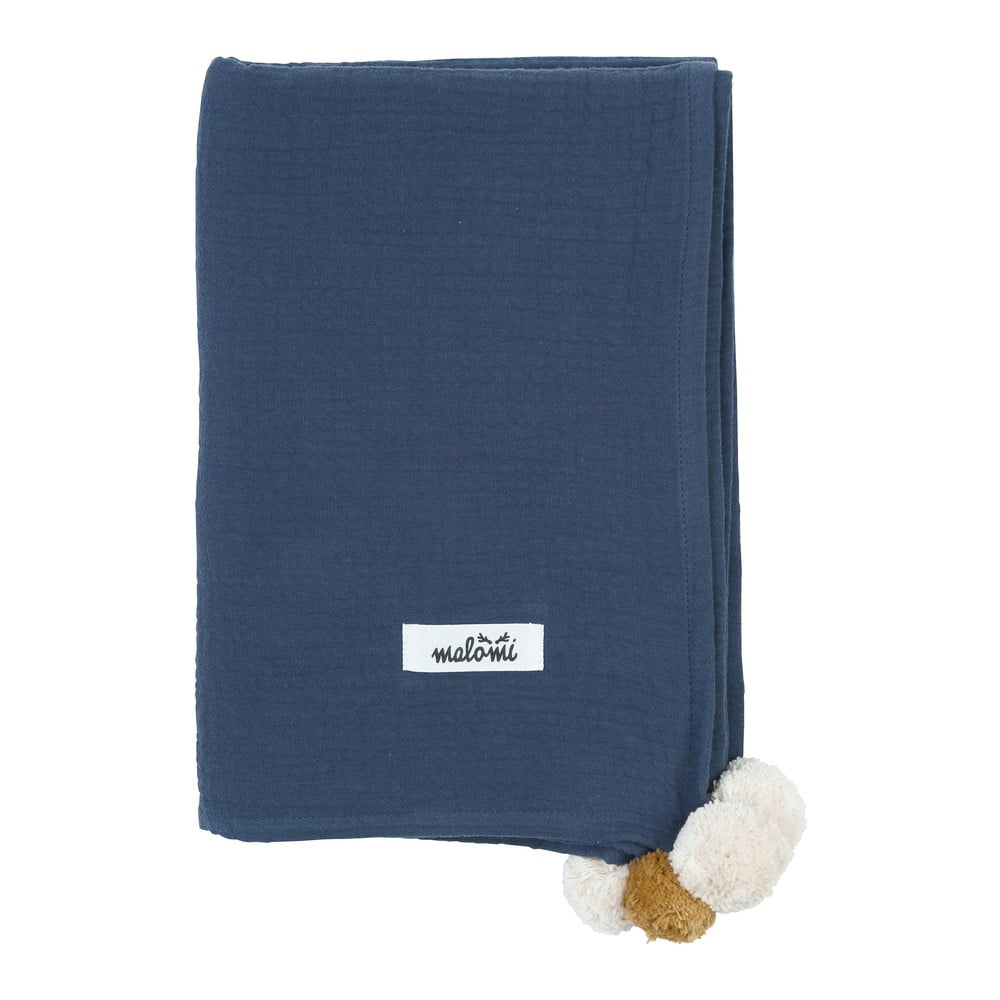 Pătură pentru copii albastru-închis din muselină 100×140 cm Pompon – Malomi Kids 100x140 pret redus