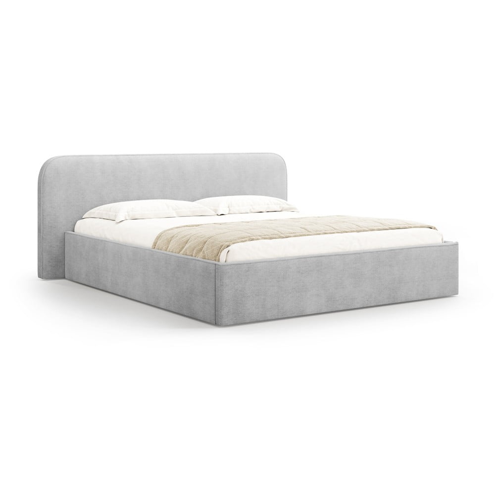 Pat matrimonial gri deschis tapițat cu spațiu de depozitare cu somieră 200x200 cm Elizabeth – Micadoni