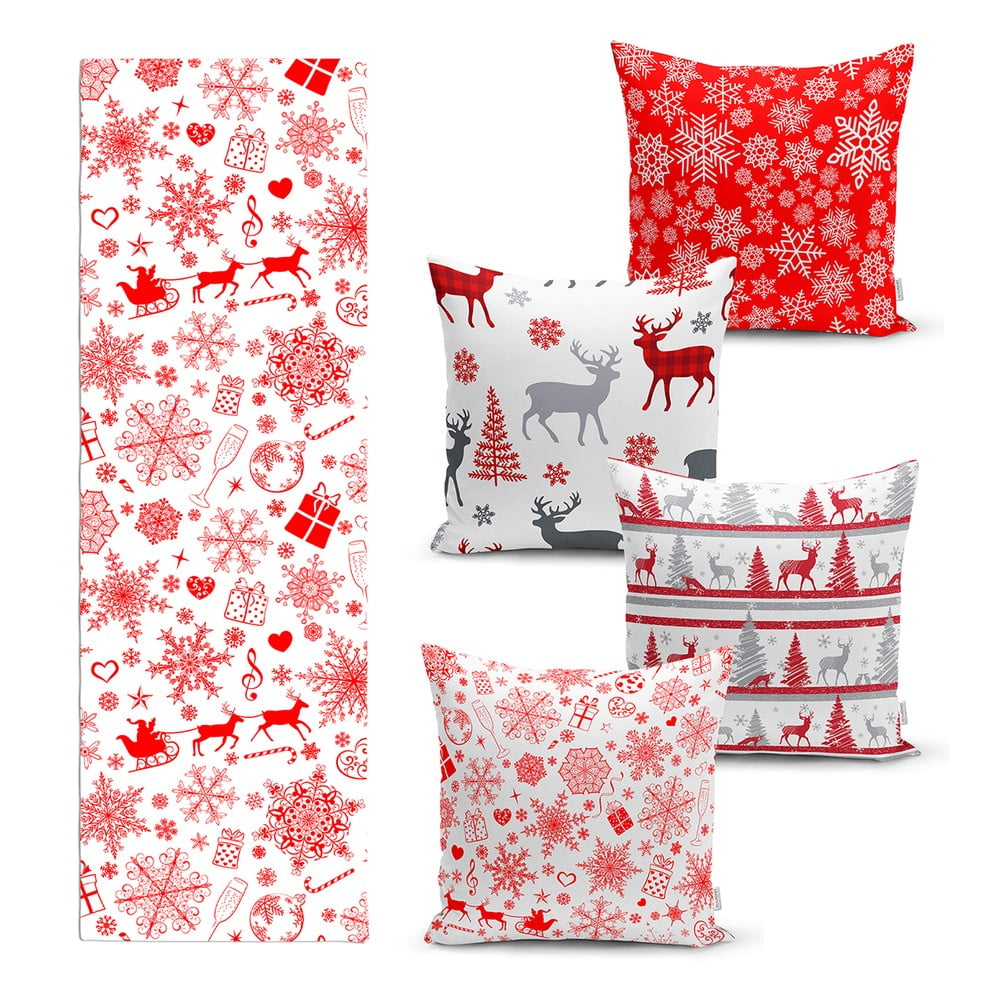 Set 4 fețe de pernă și un napron de masă cu model de Crăciun Minimalist Cushion Covers Red Snowflake bonami.ro imagine noua