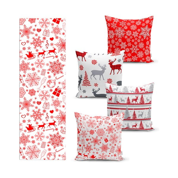 Set 4 fețe de pernă și un napron de masă cu model de Crăciun Minimalist Cushion Covers Red Snowflake