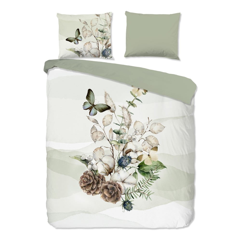 Lenjerie de pat verde/crem din flanelă pentru pat dublu/extinsă 200x220 cm Marjan – Good Morning