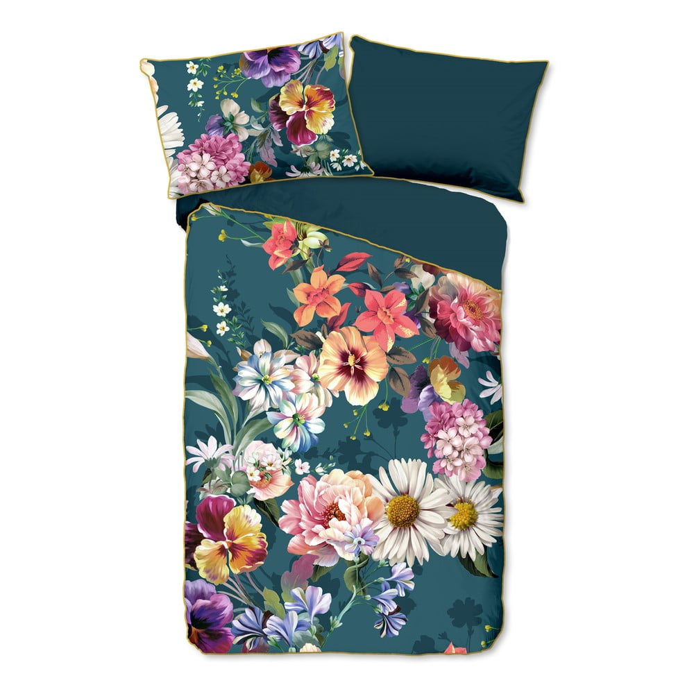 Lenjerie de pat din bumbac organic pentru pat de o persoană Descanso Sunflower, 140 x 220 cm, albastru petrol 140