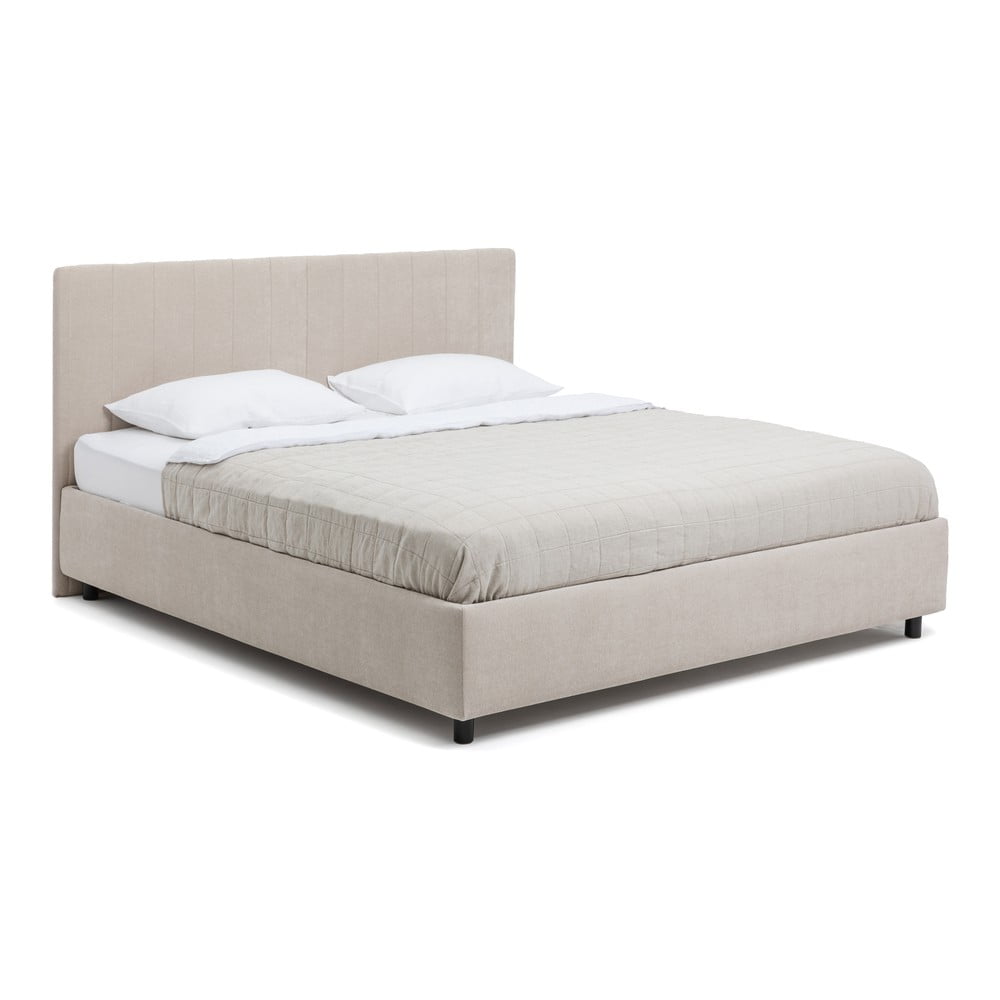 Pat matrimonial bej tapițat cu spațiu de depozitare cu somieră 160x200 cm Myra Slim Line – Bonami Selection