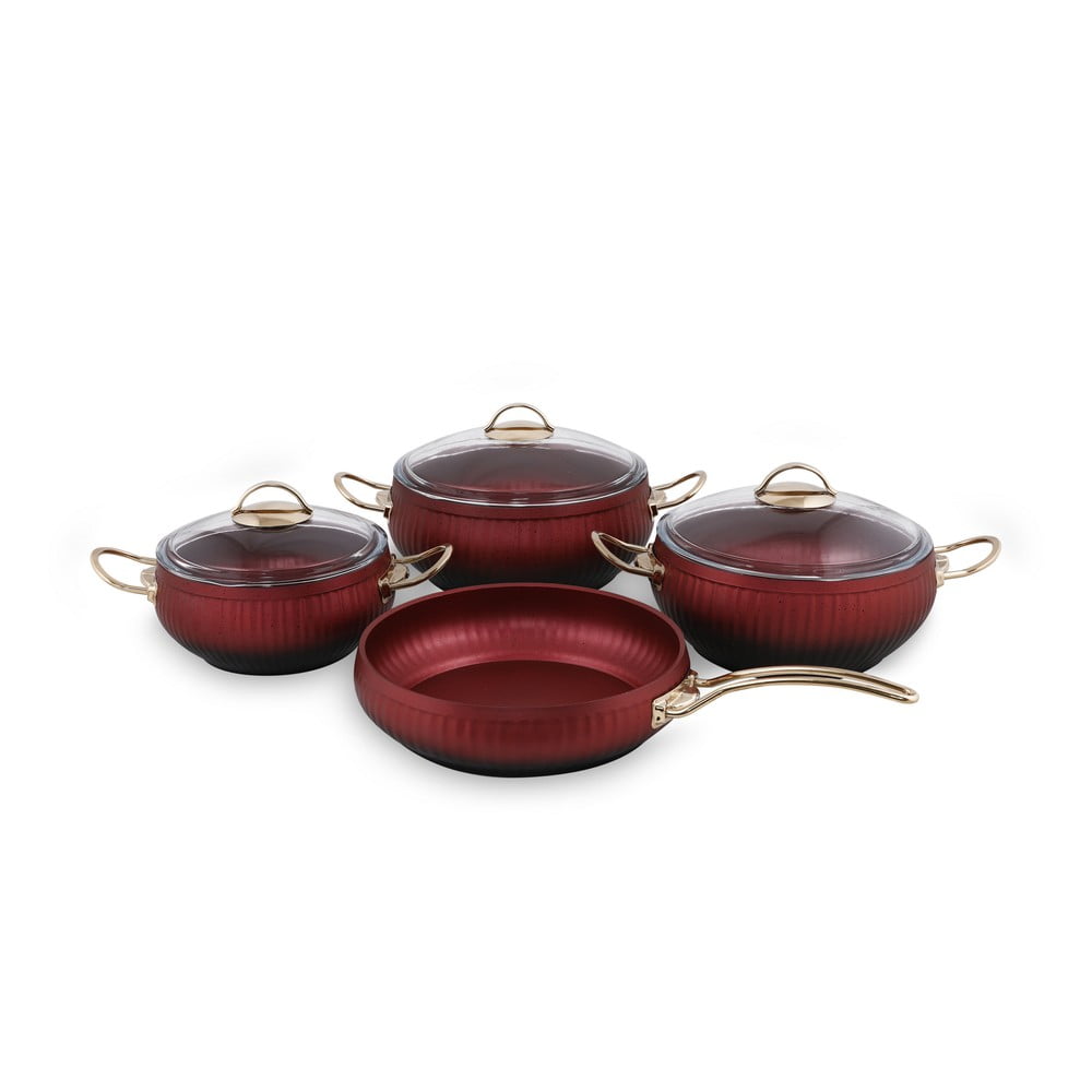 Set 4 vase de gătit din aluminiu cu 3 capace Güral Porselen Ruby, roșu bonami.ro