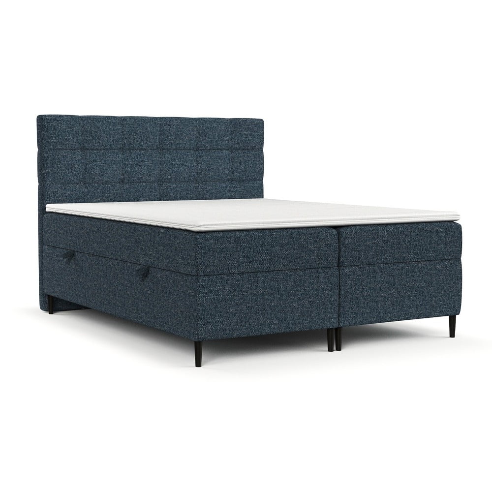 Pat boxspring albastru închis cu spațiu de depozitare 140x200 cm Urbaneo – Maison de Rêve