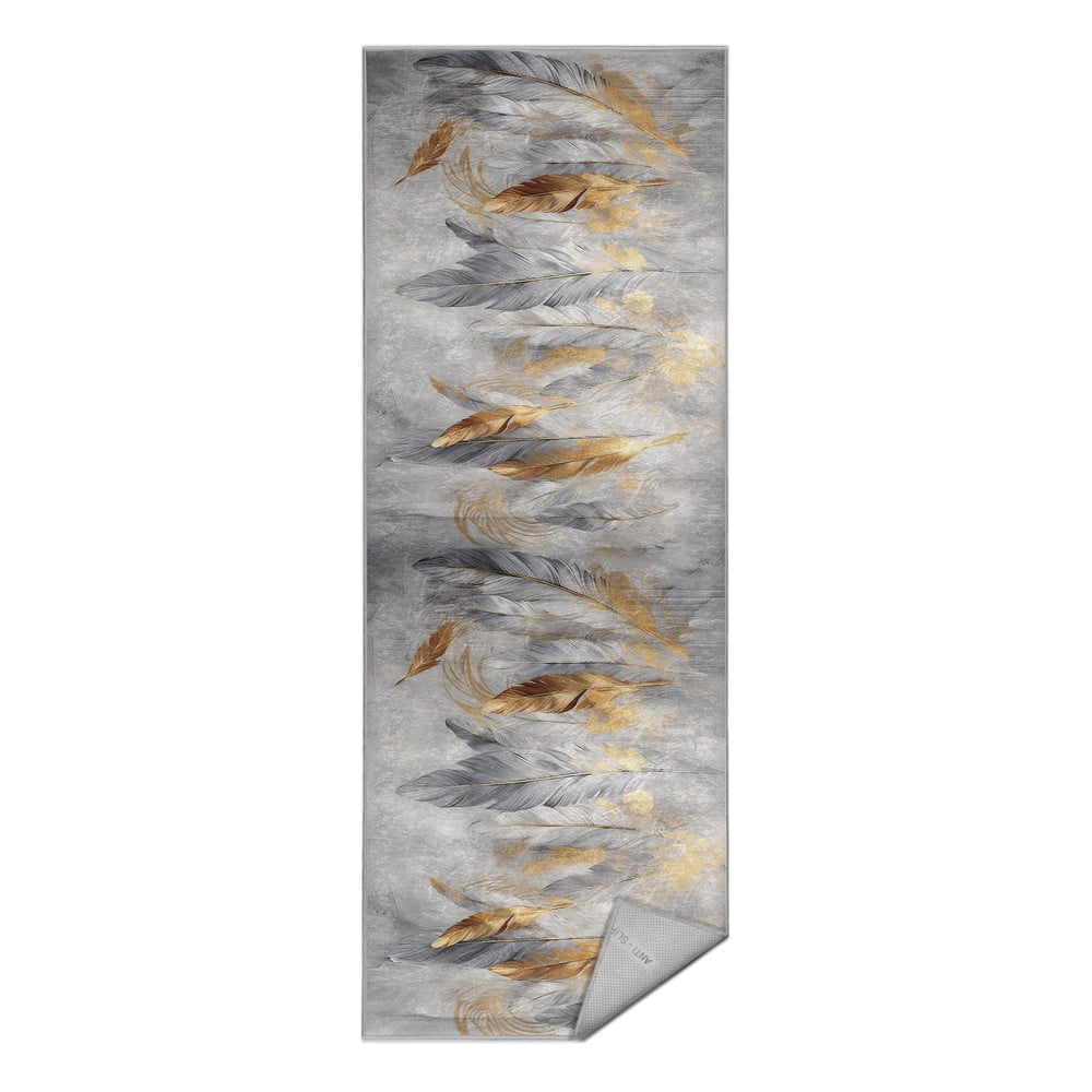 Covor tip traversă gri/auriu lavabil 80x200 cm Golden Feathers – Mila Home