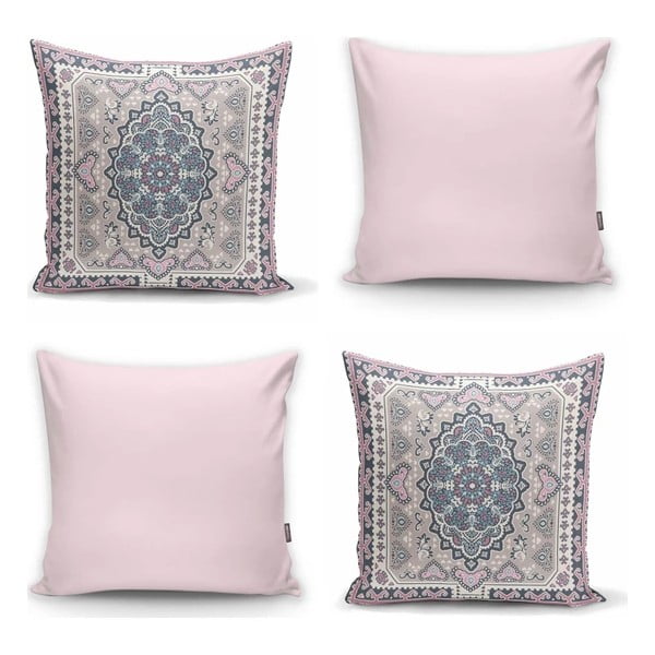 Set 4 fețe de pernă decorative Minimalist Cushion Covers Pink Ethnic, 45 x 45 cm