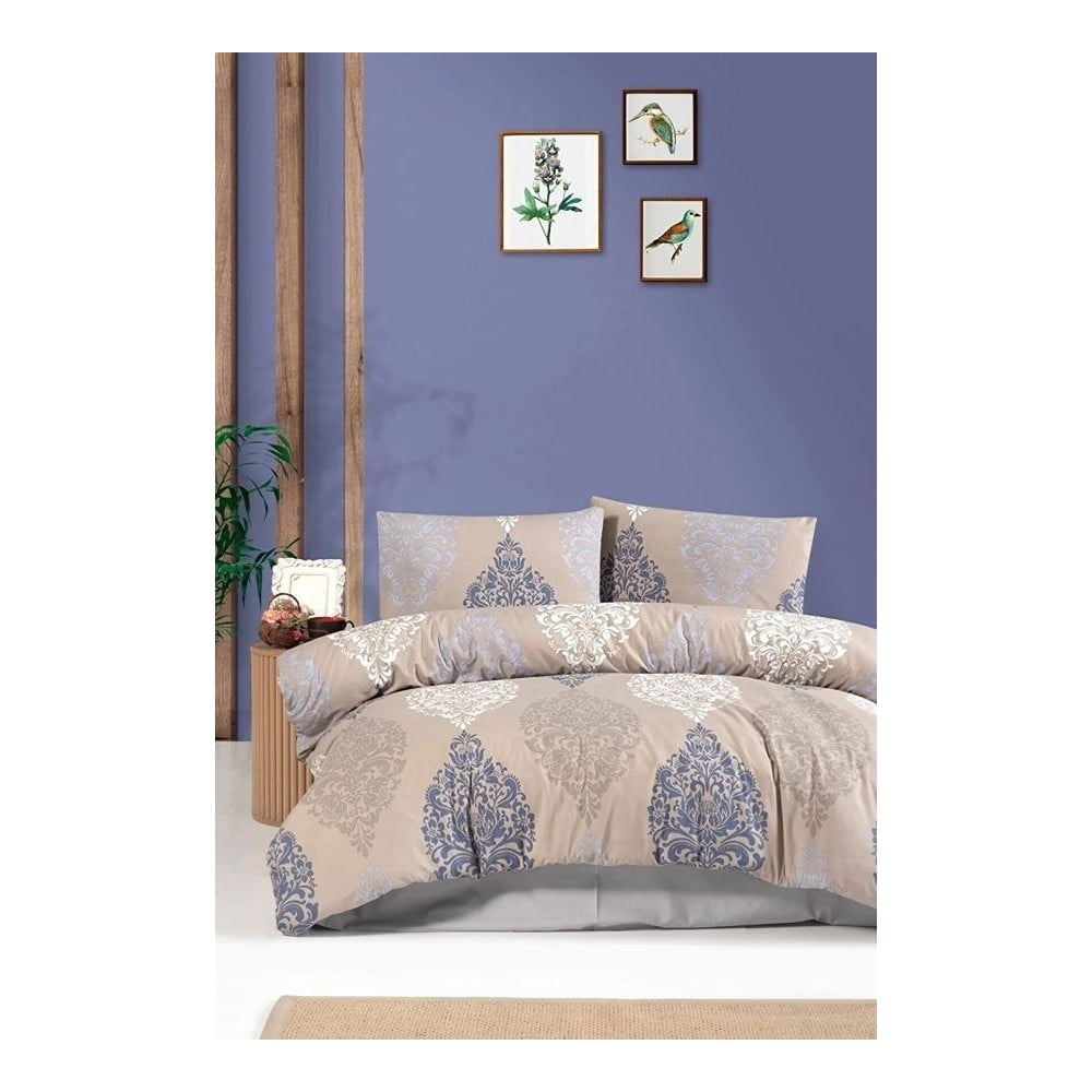Lenjerie de pat albastră-bej din bumbac pentru pat dublu-extinsă cu cearceaf inclus 200x220 cm – Mila Home