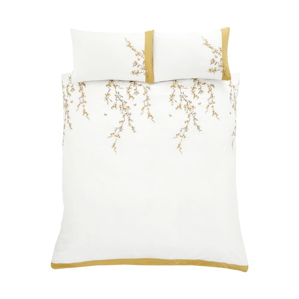 Lenjerie de pat Catherine Lansfield Embroidered Blossom, 200 x 200 cm, alb - galben