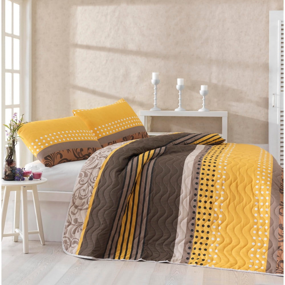Set cuvertură pat și față de pernă din amestec de bumbac Miranda Yellow, 160 x 220 cm bonami.ro