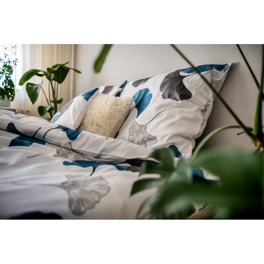 Lenjerie de pat din bumbac satinat Cotton House Ginko, 140 x 200 cm, gri – albastru 140 imagine noua somnexpo.ro