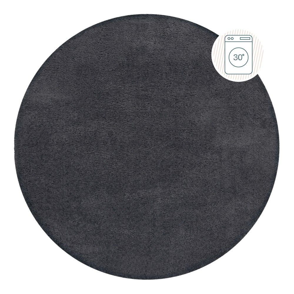 Covor gri închis lavabil rotund din fibre reciclate 180x180 cm Fluffy – Flair Rugs