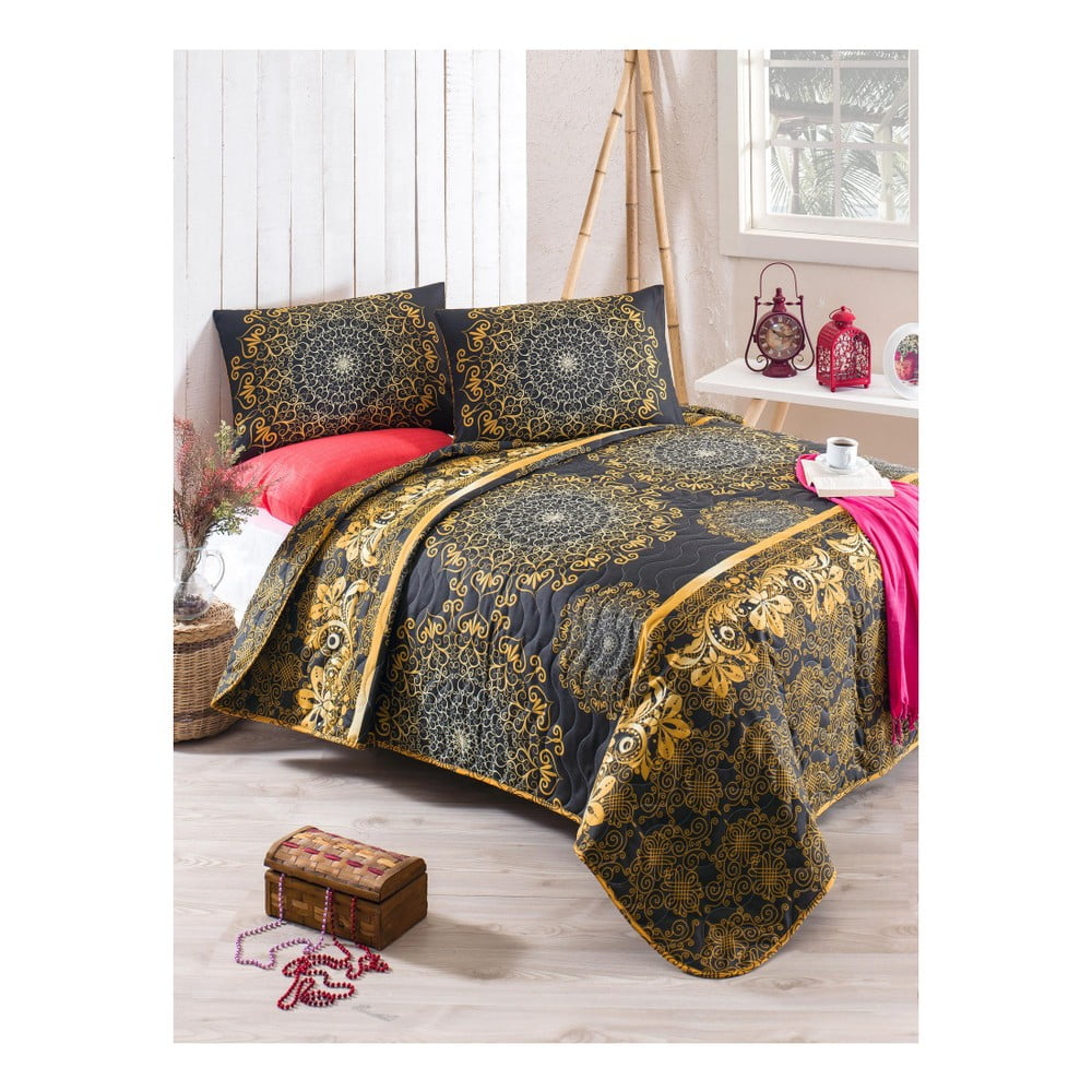 Set cuvertură pat și față de pernă din amestec de bumbac Sehri Ala Gold, 160 x 220 cm bonami.ro