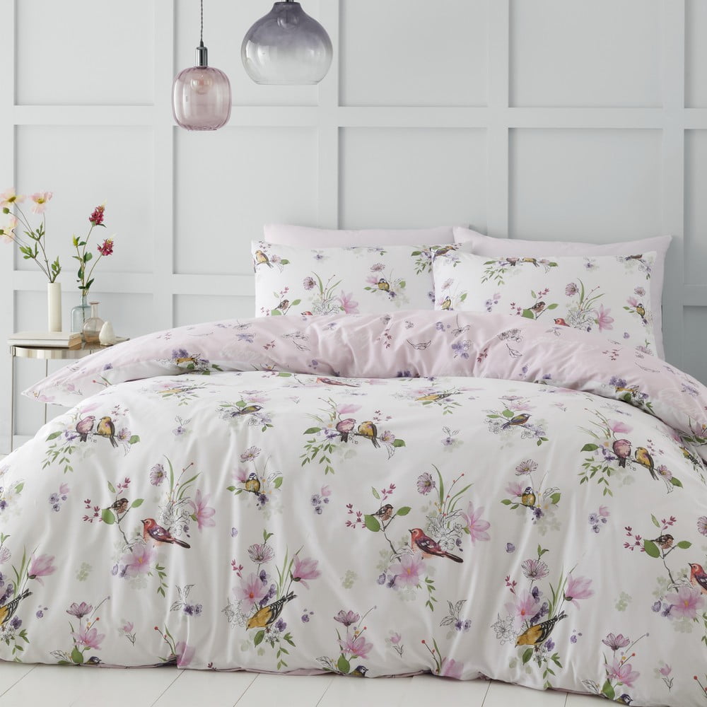 Lenjerie de pat alb-roz pentru pat de o persoană 135x200 cm Songbird – Catherine Lansfield