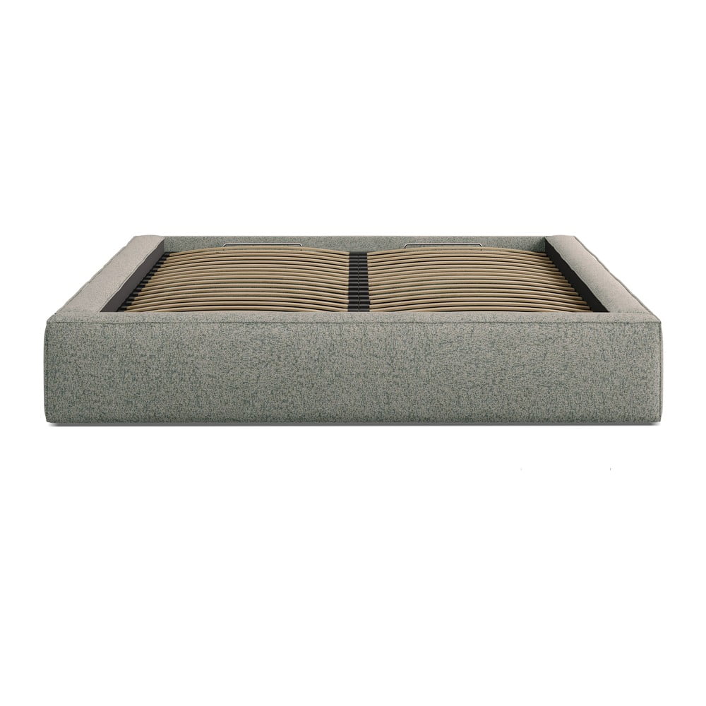 Pat matrimonial verde tapițat cu spațiu de depozitare cu somieră 200x200 cm Simon – Micadoni