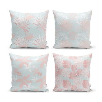 Set 4 fețe de pernă decorative minimalist cushion covers blue leaves, 45 x 45 cm