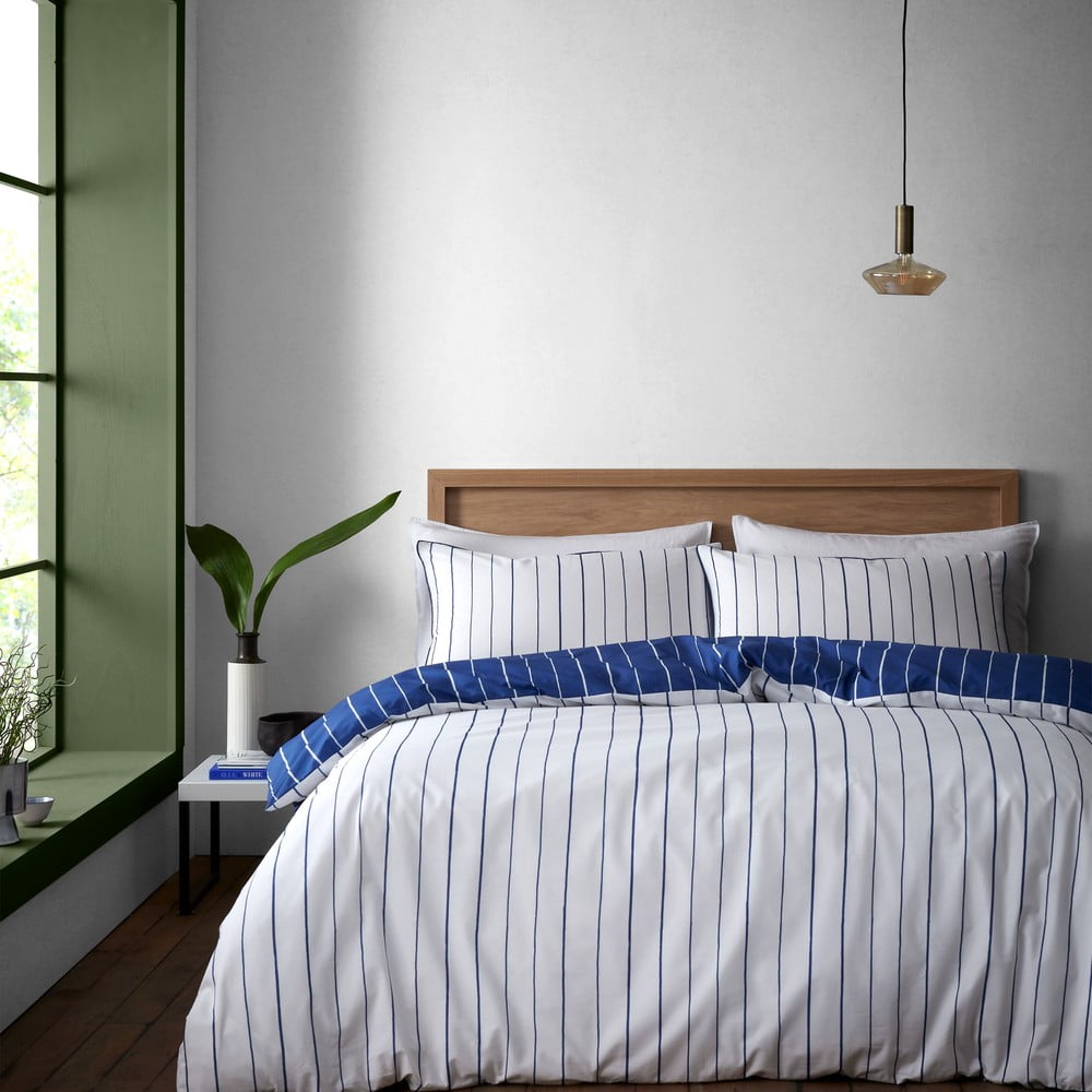 Lenjerie de pat albă/albastră din bumbac pentru pat de o persoană 135x200 cm Hastings Stripe – Content by Terence Conran