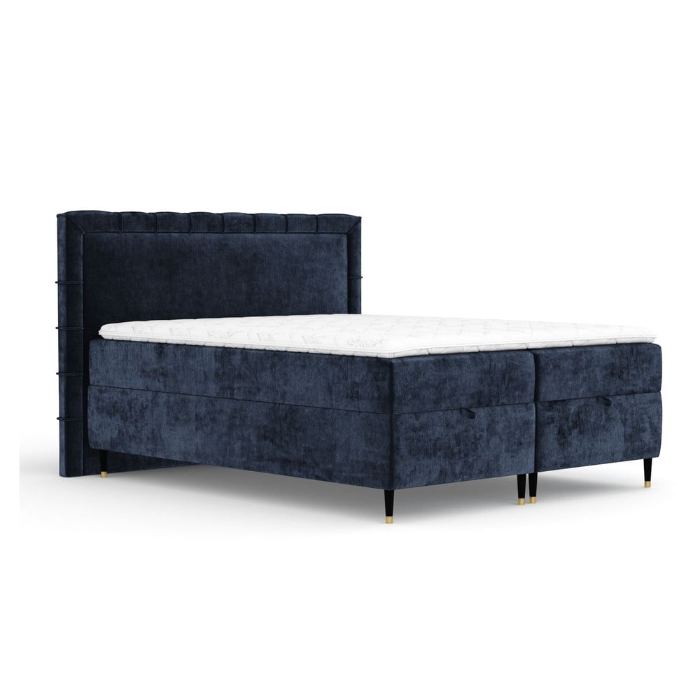 Pat boxspring albastru închis cu spațiu de depozitare 180x200 cm Voyage – Maison de Rêve