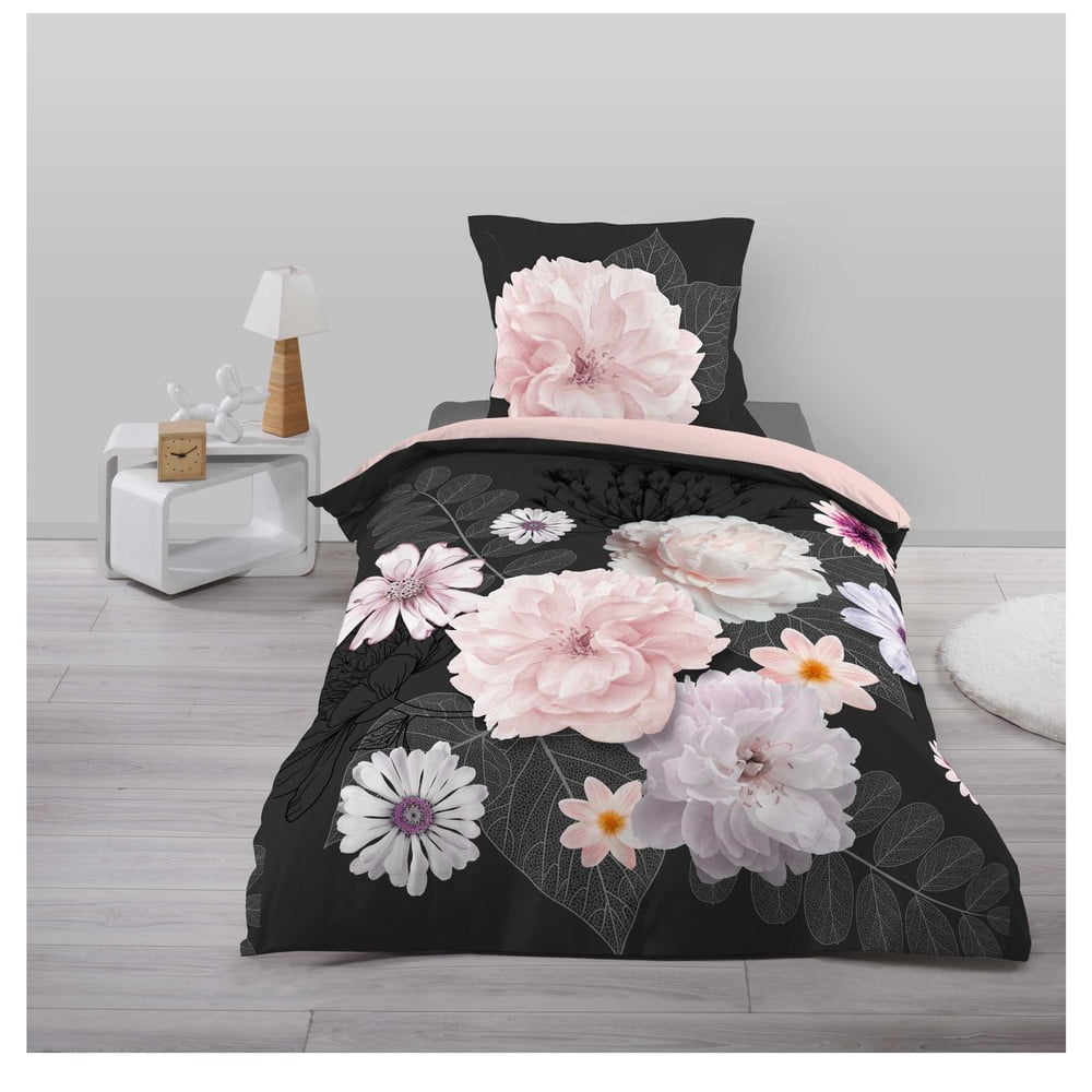 Lenjerie de pat neagră/roz din bumbac pentru pat de o persoană 140x200 cm Floral – douceur d\'intérieur