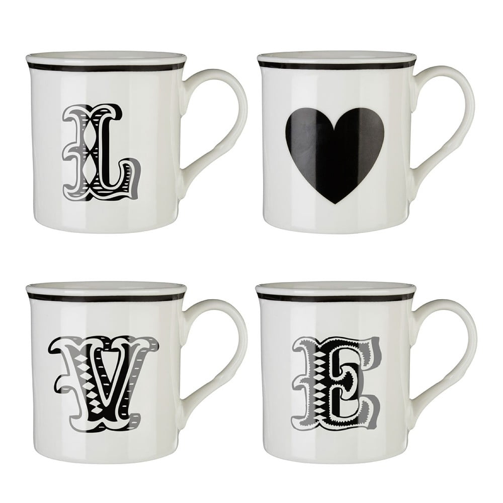 Set 4 căni Premier Housewares Love, alb - negru