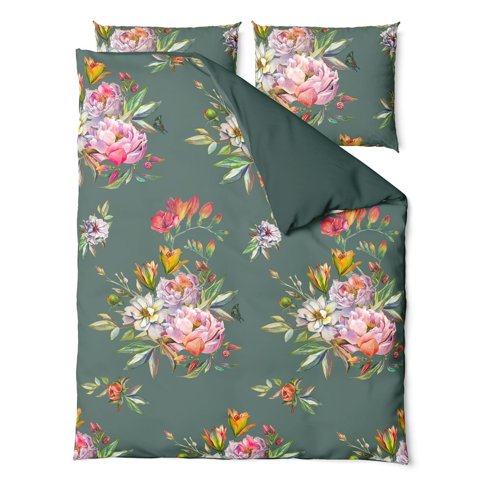 Lenjerie de pat din bumbac satinat pentru pat dublu Bonami Selection Floret, 160 x 200 cm, verde închis 160 imagine noua somnexpo.ro
