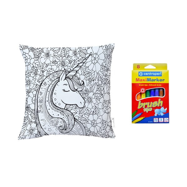 Set față de pernă din bumbac satinat și markere pentru textile Mr. Little Fox Flower Unicorn, 50 x 50 cm