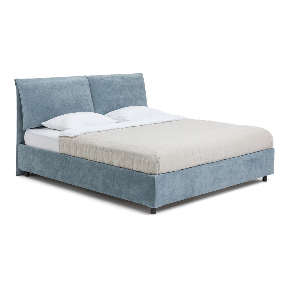 Pat dublu tapițat albastru cu spațiu de depozitare cu saltea / grătar 160x200 cm Myra Pillow - Bonami Selection