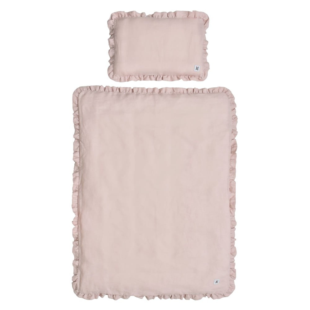 Lenjerie de pat din in cu umplutură pentru copii BELLAMY Dusty Pink, 140 x 200 cm, roz