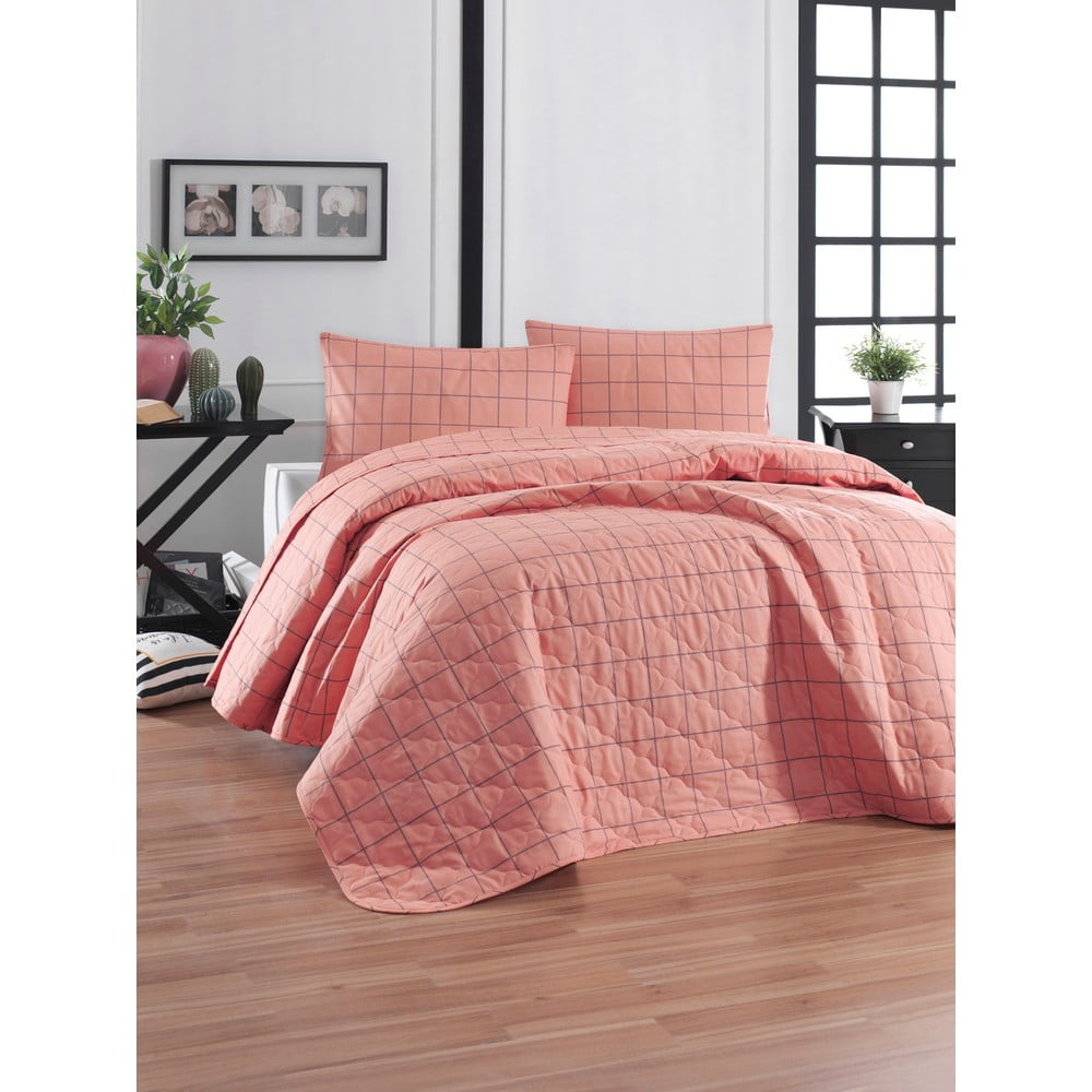 Cuvertură de pat cu față de pernă din bumbac ranforce EnLora Home Piga, 180 x 225 cm, roz bonami.ro pret redus