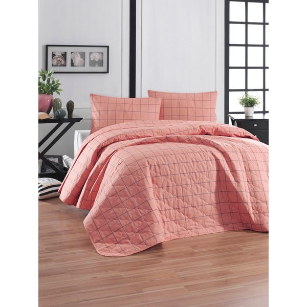 Cuvertură de pat cu 2 fețe de pernă din bumbac ranforce EnLora Home Piga, 225 x 240 cm, roz