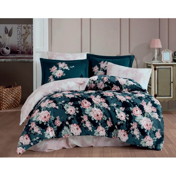 Lenjerie de pat din bumbac satinat pentru pat dublu cu cearșaf Hobby Adriana, 200 x 220 cm, verde închis